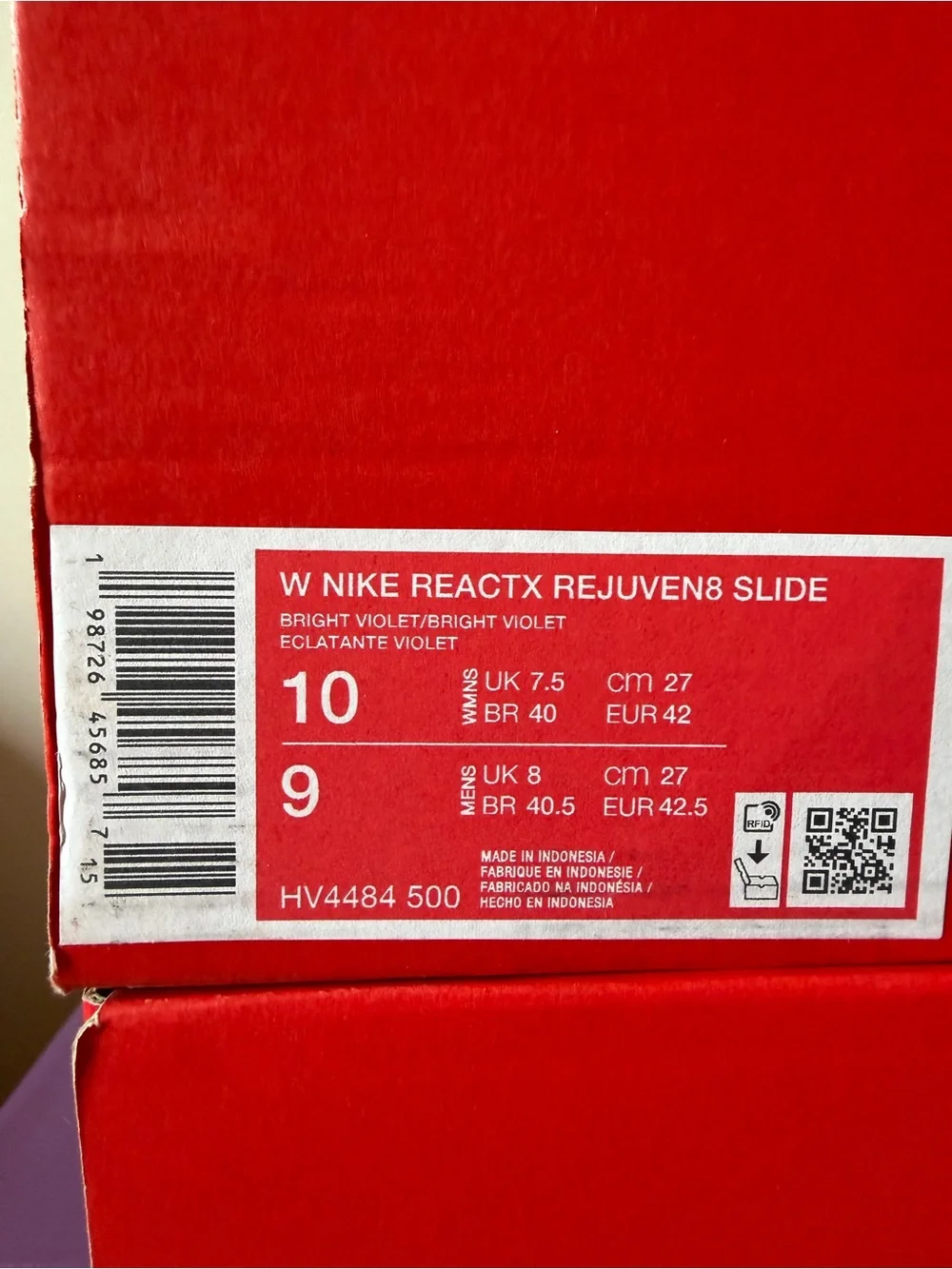 Nike REACTX REJUVEN8 Slide Bright Violet HV4484-500 Women’s Size 10